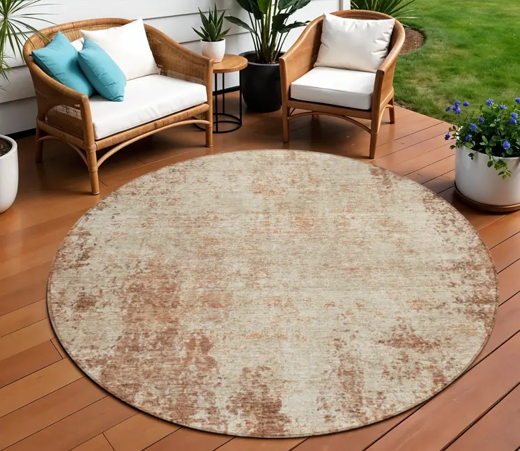 8' Orange And Beige Round Abstract Washable Indoor Outdoor Area Rug