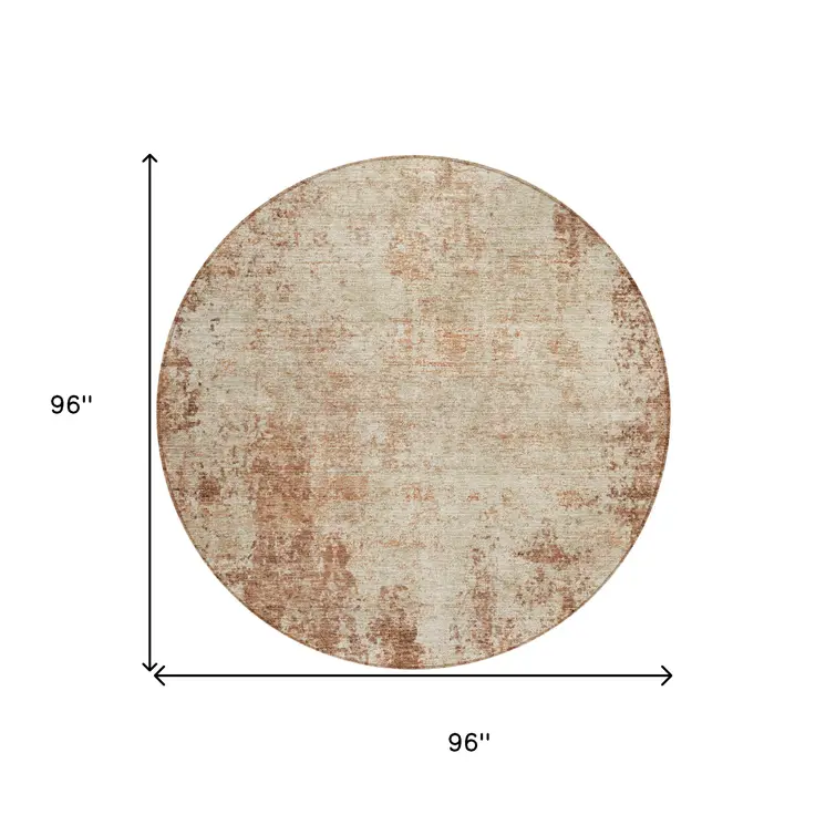 8' Orange And Beige Round Abstract Washable Indoor Outdoor Area Rug