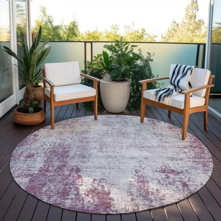 8' Plum And Ivory Round Abstract Washable Indoor Outdoor Area Rug