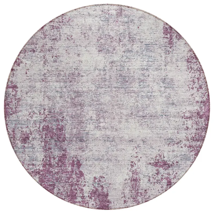 8' Plum And Ivory Round Abstract Washable Indoor Outdoor Area Rug