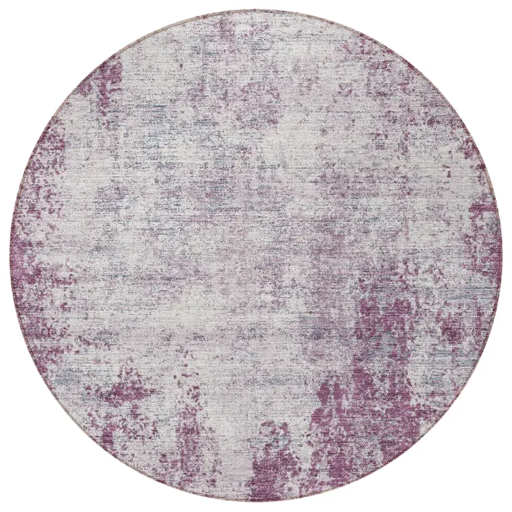 8' Plum And Ivory Round Abstract Washable Indoor Outdoor Area Rug