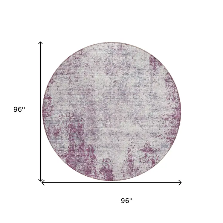 8' Plum And Ivory Round Abstract Washable Indoor Outdoor Area Rug