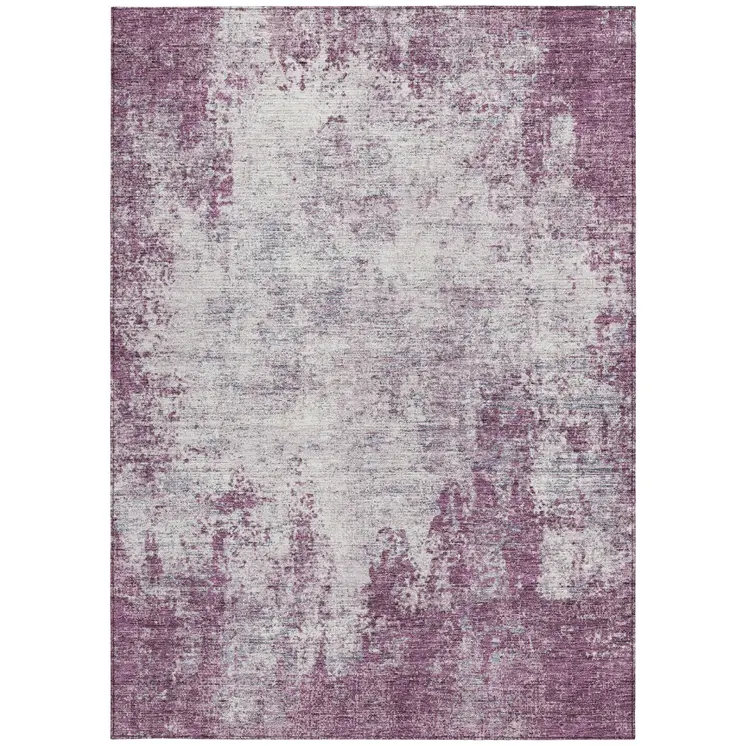9' X 12' Plum And Ivory Abstract Washable Indoor Outdoor Area Rug