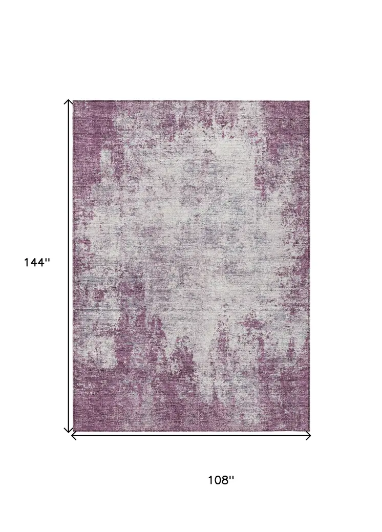 9' X 12' Plum And Ivory Abstract Washable Indoor Outdoor Area Rug