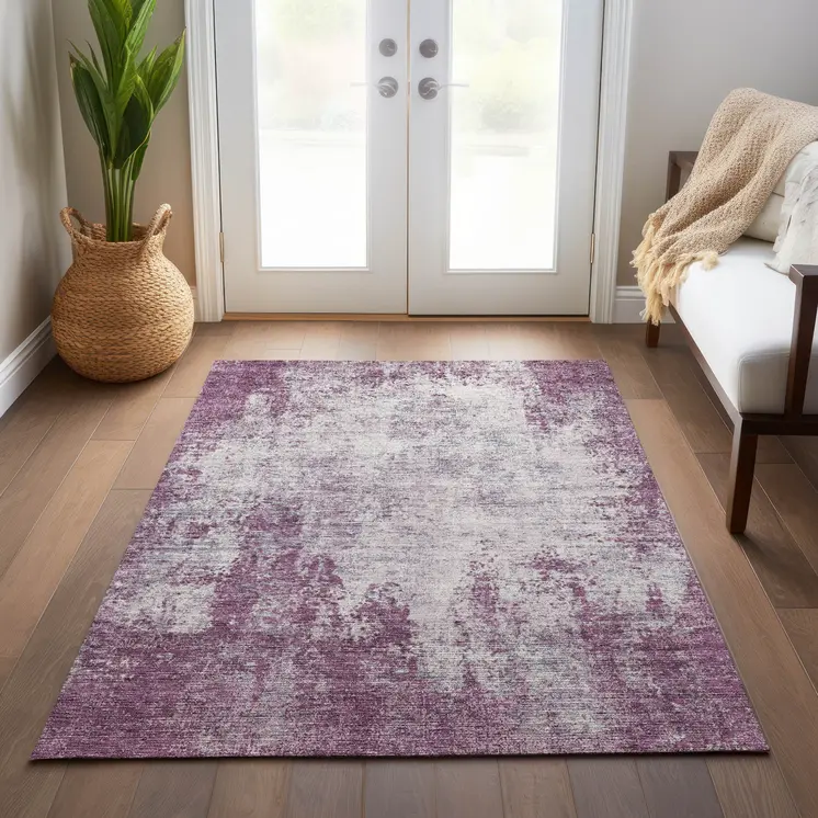 9' X 12' Plum And Ivory Abstract Washable Indoor Outdoor Area Rug