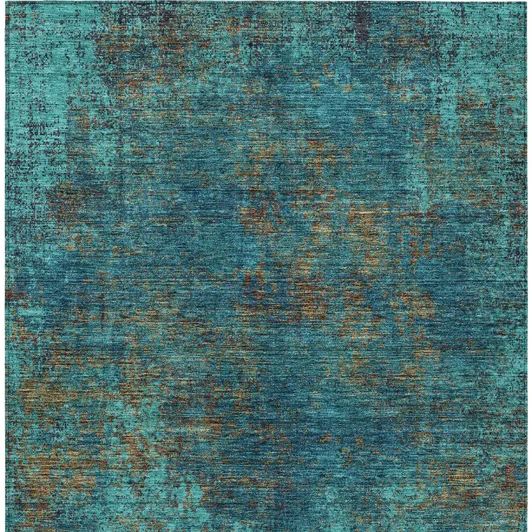 3' X 5' Teal Blue Navy Blue And Brown Abstract Washable Indoor Outdoor Area Rug