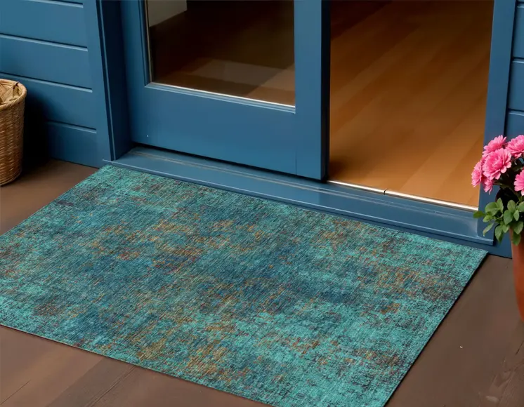 3' X 5' Teal Blue Navy Blue And Brown Abstract Washable Indoor Outdoor Area Rug