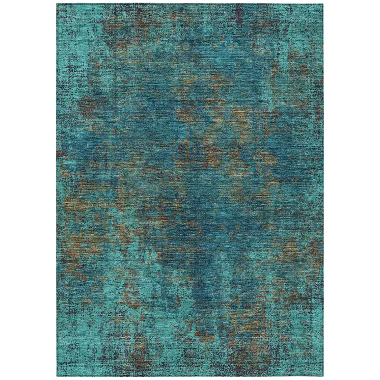 3' X 5' Teal Blue Navy Blue And Brown Abstract Washable Indoor Outdoor Area Rug