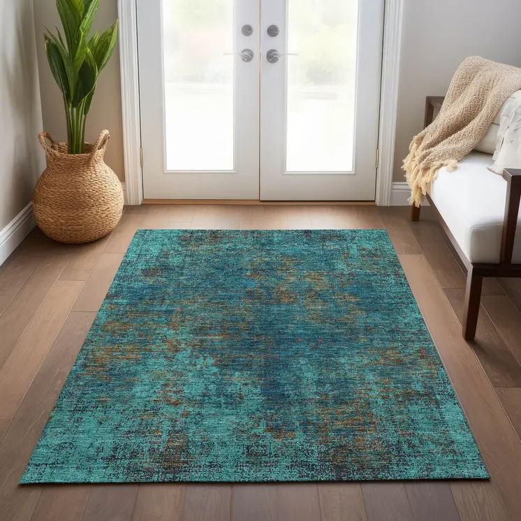 3' X 5' Teal Blue Navy Blue And Brown Abstract Washable Indoor Outdoor Area Rug