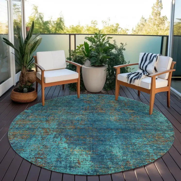8' Teal Blue Navy Blue And Brown Round Abstract Washable Indoor Outdoor Area Rug