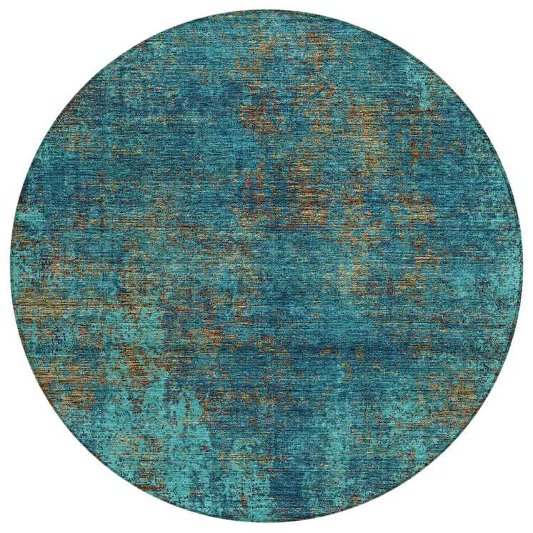 8' Teal Blue Navy Blue And Brown Round Abstract Washable Indoor Outdoor Area Rug