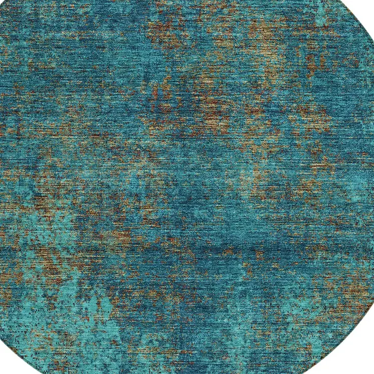 8' Teal Blue Navy Blue And Brown Round Abstract Washable Indoor Outdoor Area Rug