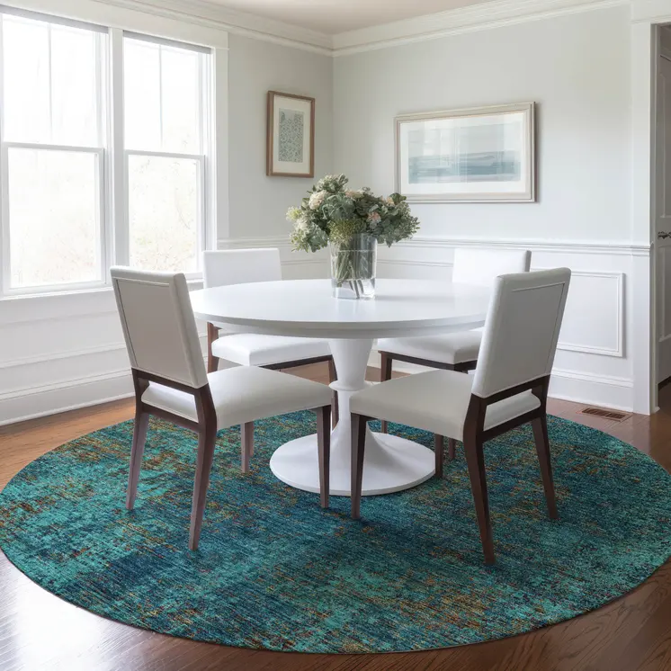 8' Teal Blue Navy Blue And Brown Round Abstract Washable Indoor Outdoor Area Rug