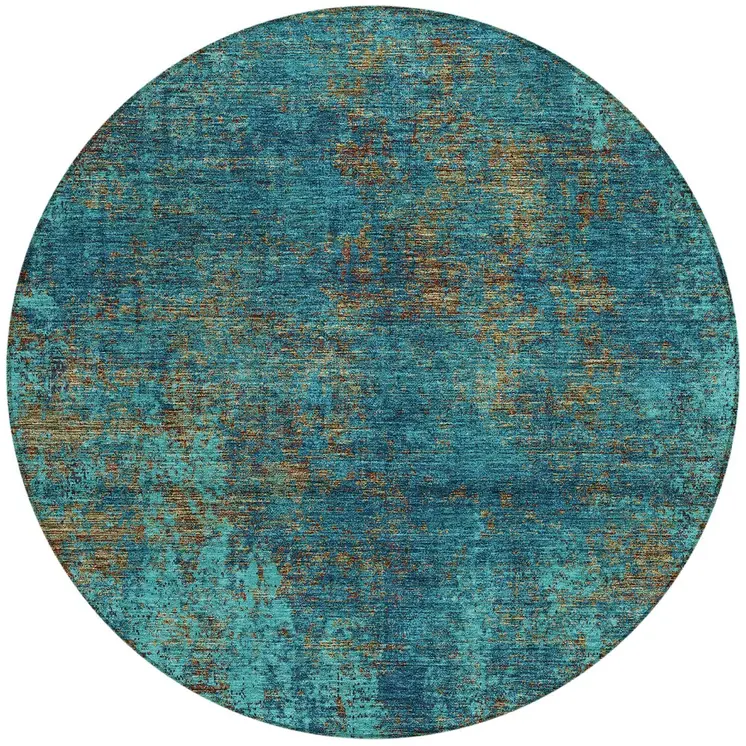 8' Teal Blue Navy Blue And Brown Round Abstract Washable Indoor Outdoor Area Rug