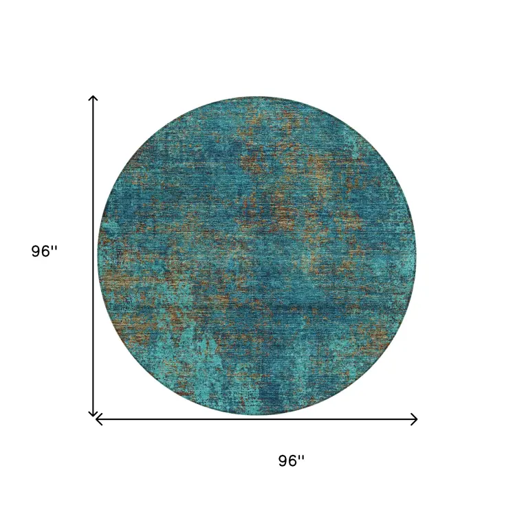 8' Teal Blue Navy Blue And Brown Round Abstract Washable Indoor Outdoor Area Rug