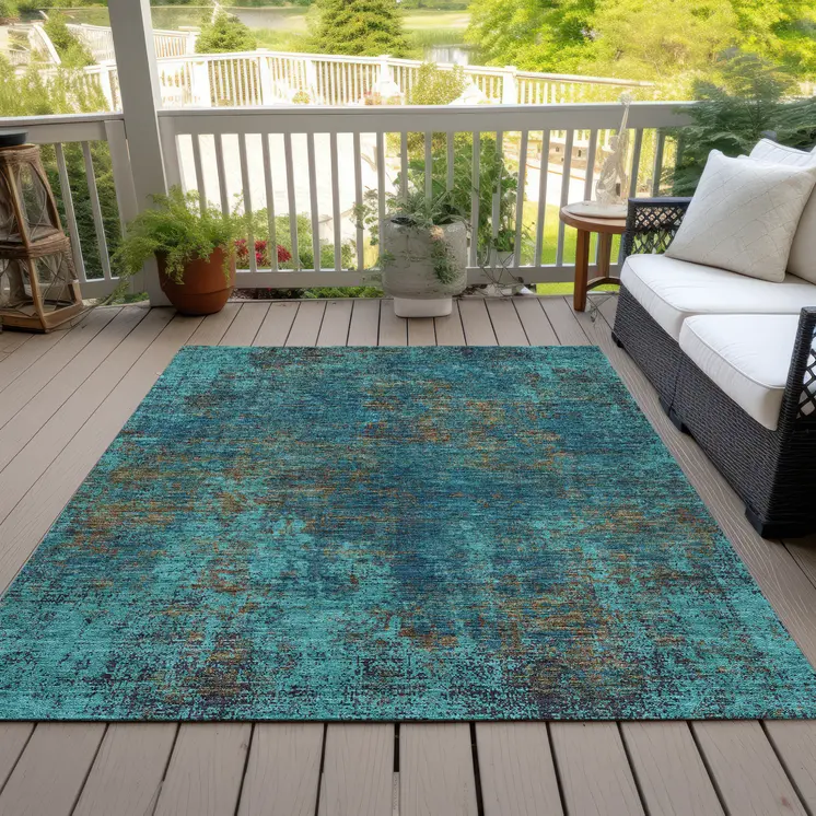 8' X 10' Teal Blue Navy Blue And Brown Abstract Washable Indoor Outdoor Area Rug
