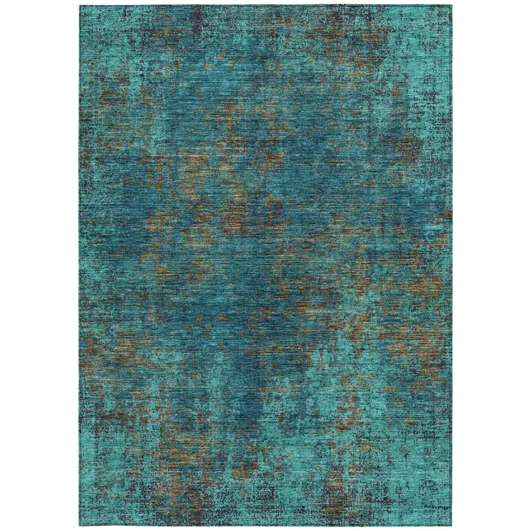 8' X 10' Teal Blue Navy Blue And Brown Abstract Washable Indoor Outdoor Area Rug
