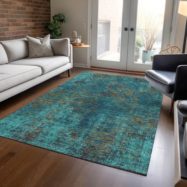 8' X 10' Teal Blue Navy Blue And Brown Abstract Washable Indoor Outdoor Area Rug
