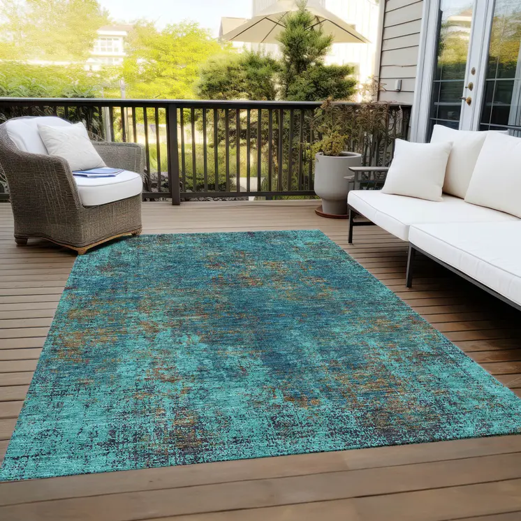 8' X 10' Teal Blue Navy Blue And Brown Abstract Washable Indoor Outdoor Area Rug