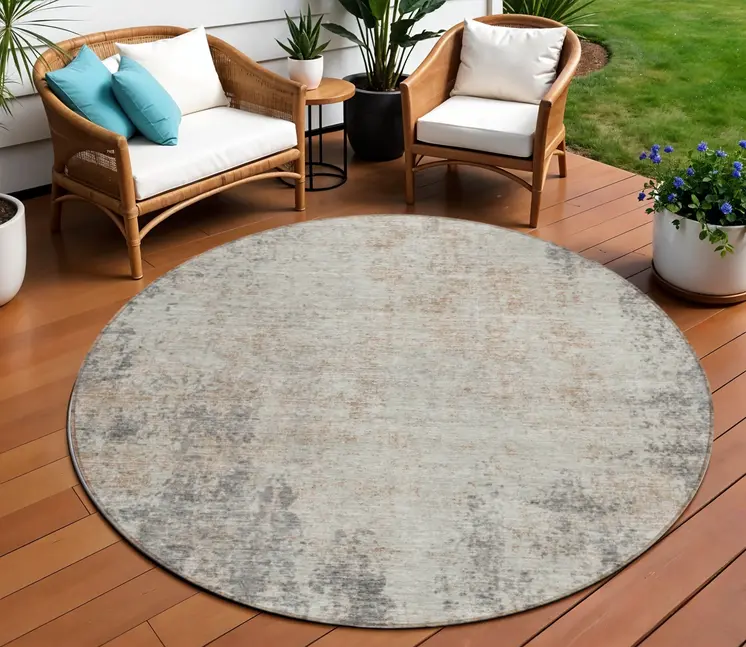 8' Taupe And Ivory Round Abstract Washable Indoor Outdoor Area Rug