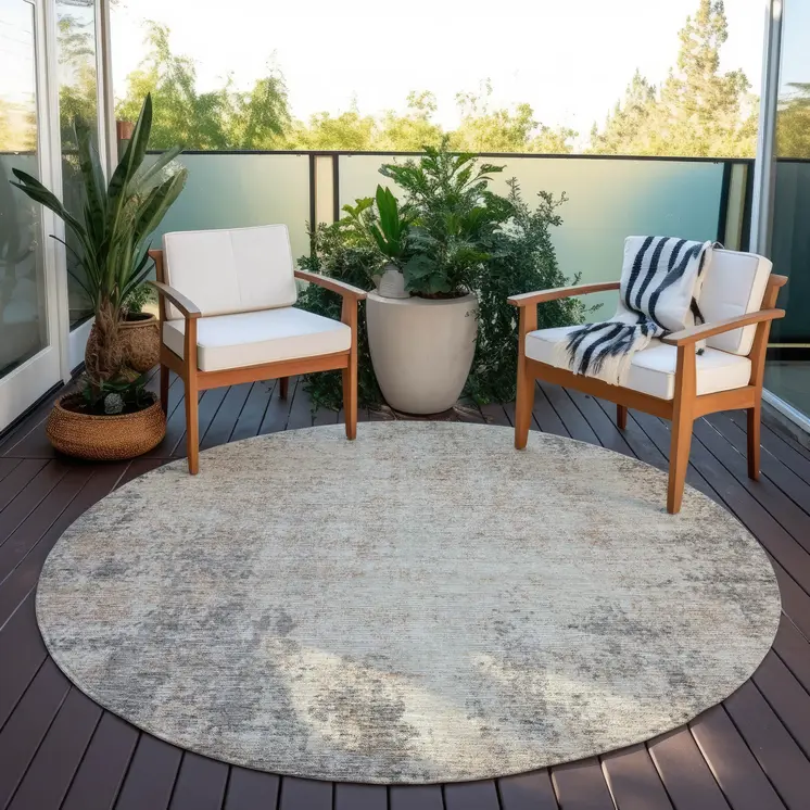 8' Taupe And Ivory Round Abstract Washable Indoor Outdoor Area Rug