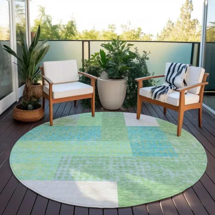 8' Sage Mint Green Teal Blue And Ivory Round Geometric Washable Indoor Outdoor Area Rug