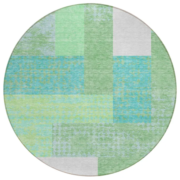 8' Sage Mint Green Teal Blue And Ivory Round Geometric Washable Indoor Outdoor Area Rug