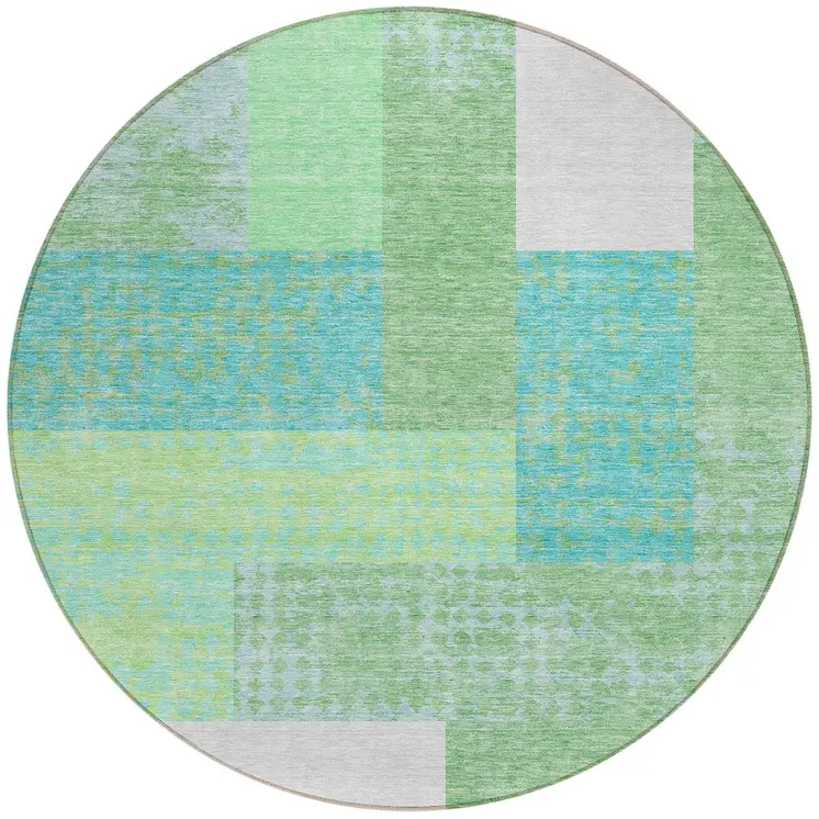 8' Sage Mint Green Teal Blue And Ivory Round Geometric Washable Indoor Outdoor Area Rug