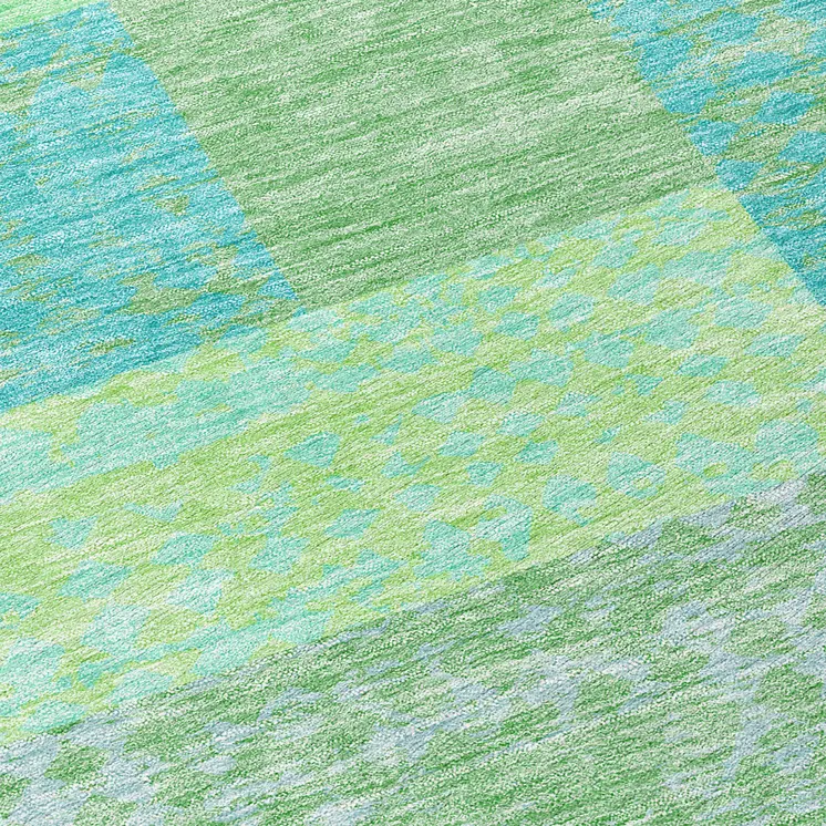 8' Sage Mint Green Teal Blue And Ivory Round Geometric Washable Indoor Outdoor Area Rug