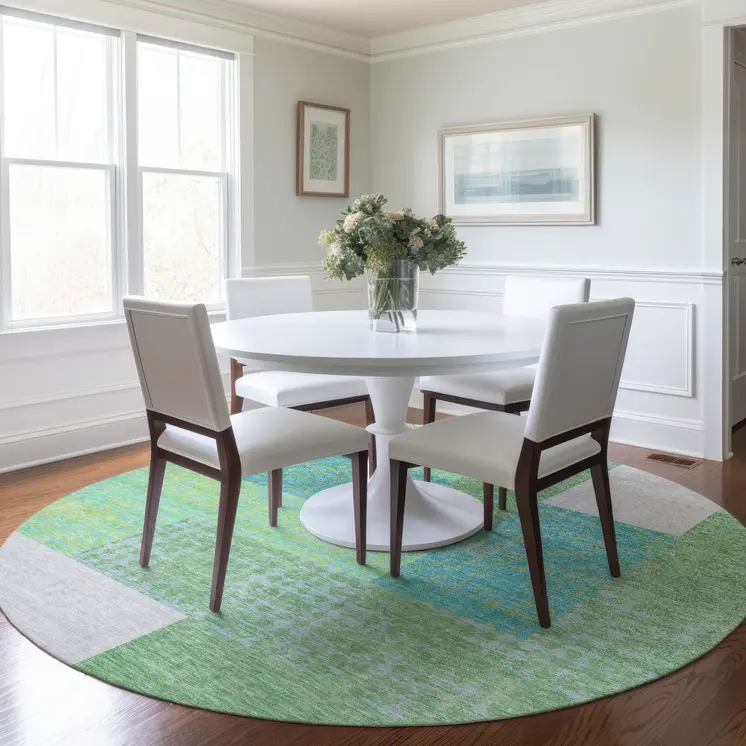 8' Sage Mint Green Teal Blue And Ivory Round Geometric Washable Indoor Outdoor Area Rug