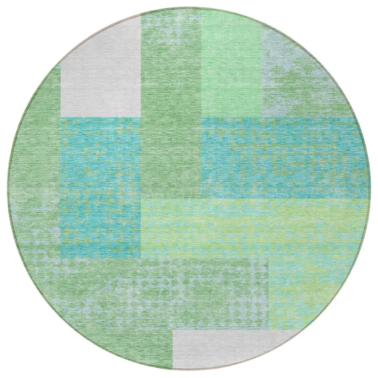 8' Sage Mint Green Teal Blue And Ivory Round Geometric Washable Indoor Outdoor Area Rug