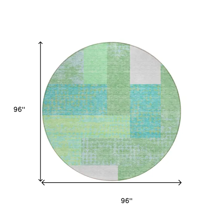 8' Sage Mint Green Teal Blue And Ivory Round Geometric Washable Indoor Outdoor Area Rug