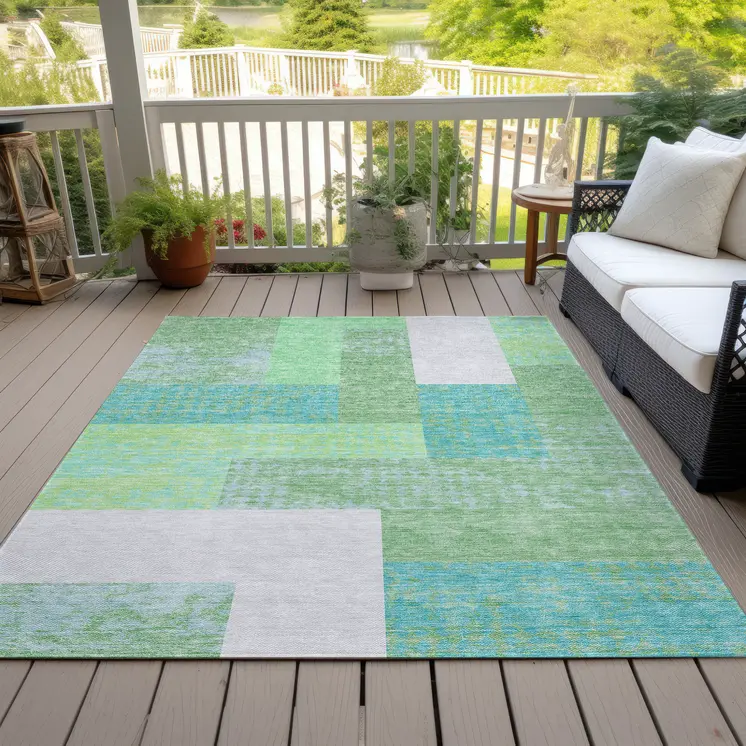 8' X 10' Sage Mint Green Teal Blue And Ivory Geometric Washable Indoor Outdoor Area Rug