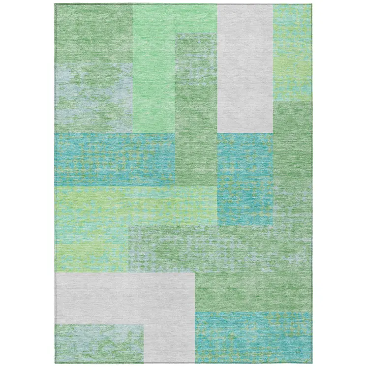 8' X 10' Sage Mint Green Teal Blue And Ivory Geometric Washable Indoor Outdoor Area Rug