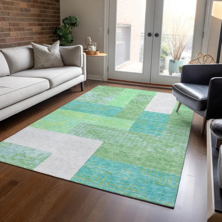 8' X 10' Sage Mint Green Teal Blue And Ivory Geometric Washable Indoor Outdoor Area Rug