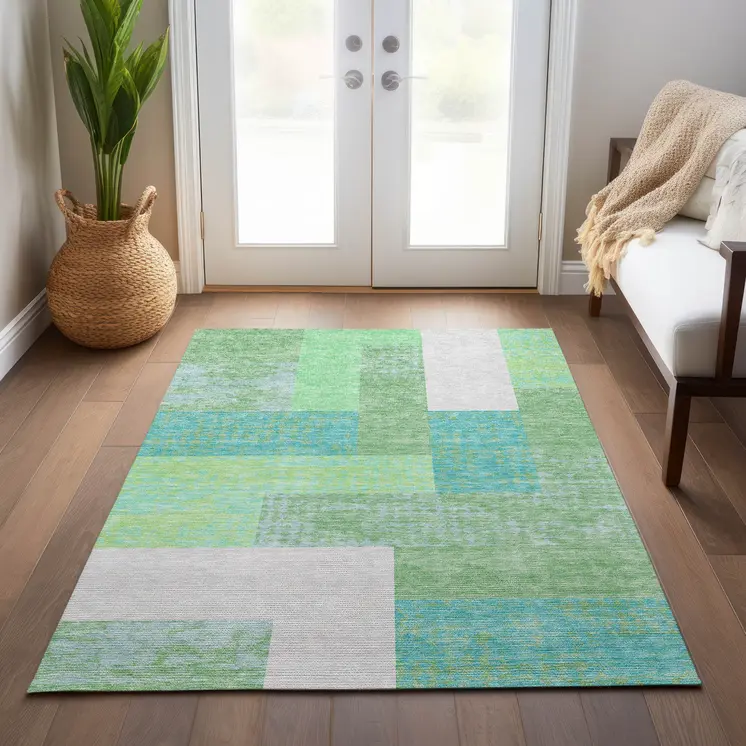 8' X 10' Sage Mint Green Teal Blue And Ivory Geometric Washable Indoor Outdoor Area Rug