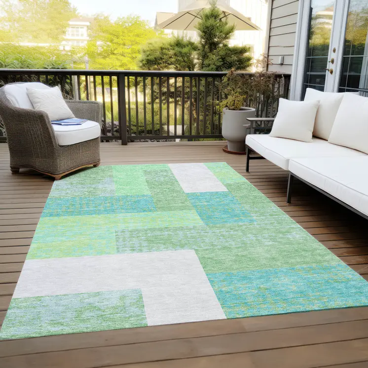 8' X 10' Sage Mint Green Teal Blue And Ivory Geometric Washable Indoor Outdoor Area Rug