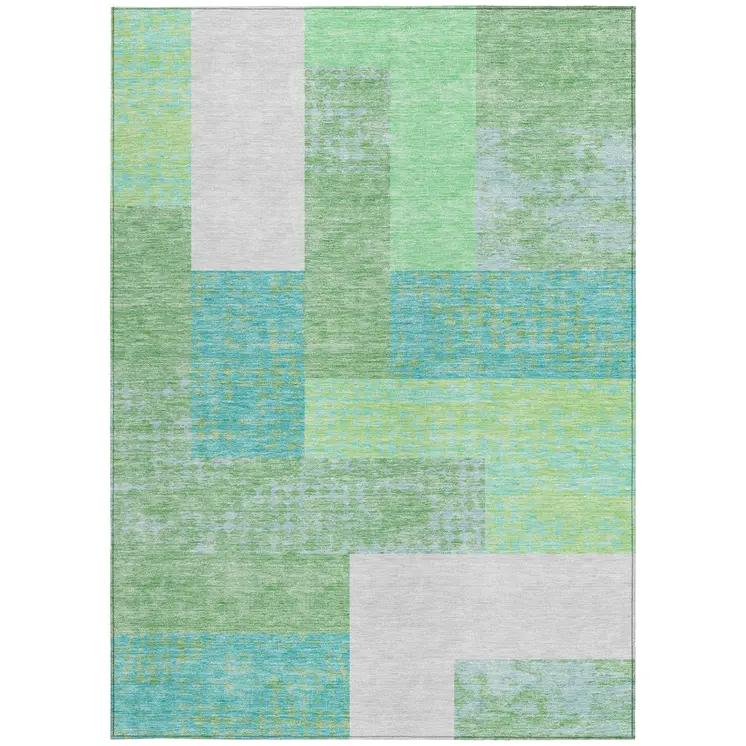 9' X 12' Sage Mint Green Teal Blue And Ivory Geometric Washable Indoor Outdoor Area Rug
