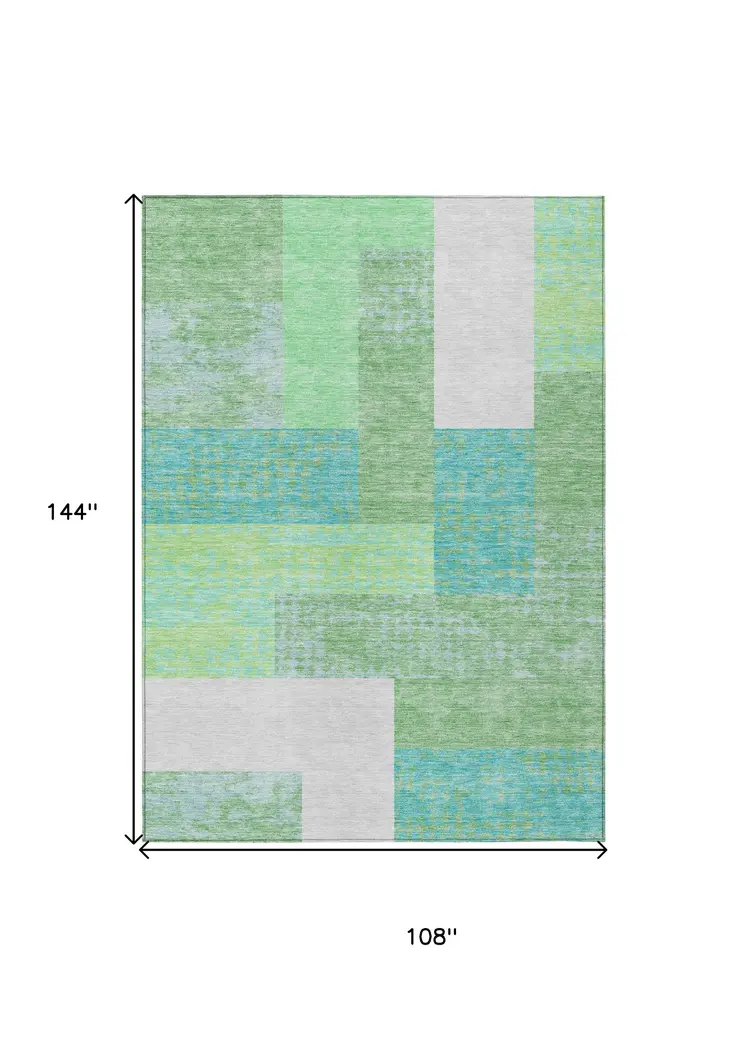 9' X 12' Sage Mint Green Teal Blue And Ivory Geometric Washable Indoor Outdoor Area Rug