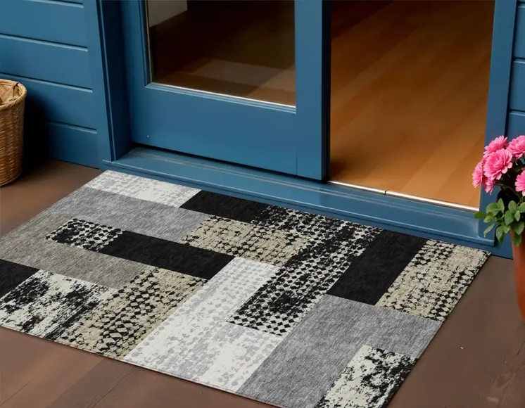 3' X 5' Black Taupe And Ivory Geometric Washable Indoor Outdoor Area Rug