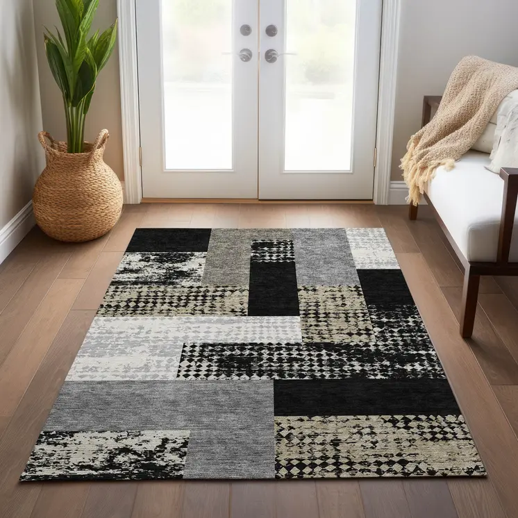 3' X 5' Black Taupe And Ivory Geometric Washable Indoor Outdoor Area Rug