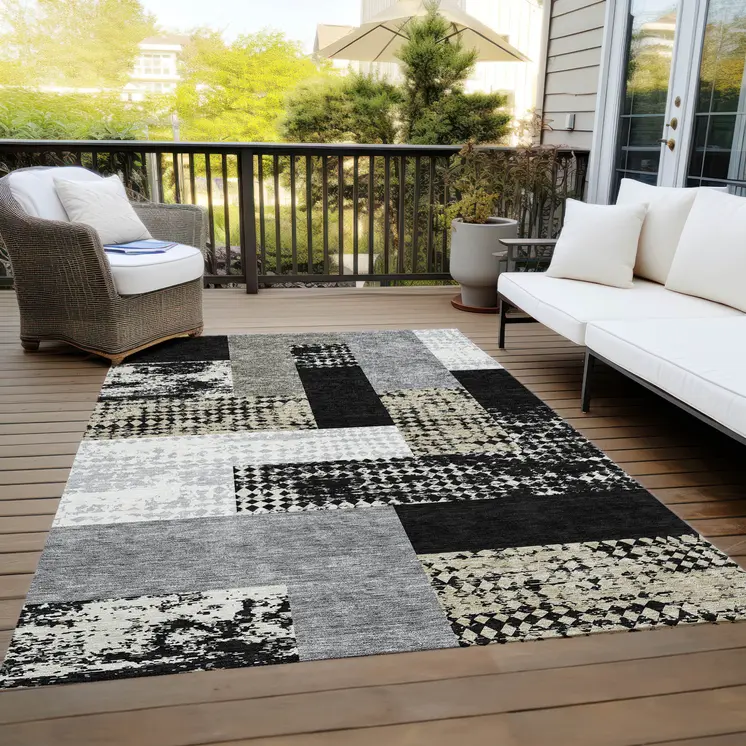 3' X 5' Black Taupe And Ivory Geometric Washable Indoor Outdoor Area Rug