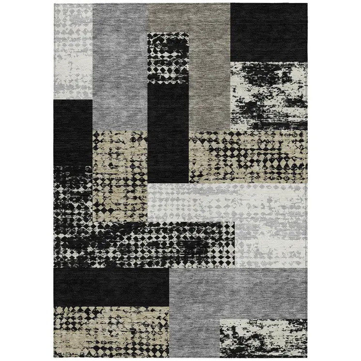 5' X 8' Black Taupe And Ivory Geometric Washable Indoor Outdoor Area Rug