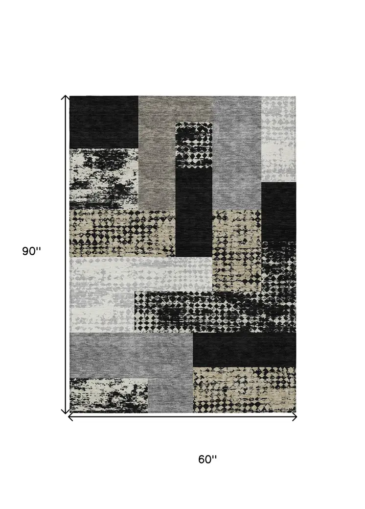 5' X 8' Black Taupe And Ivory Geometric Washable Indoor Outdoor Area Rug
