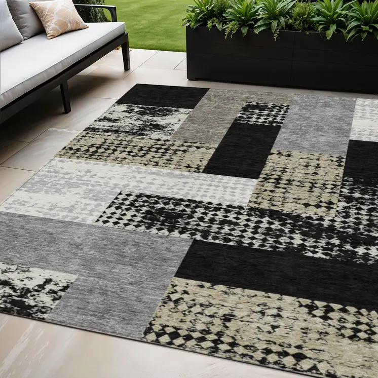 5' X 8' Black Taupe And Ivory Geometric Washable Indoor Outdoor Area Rug