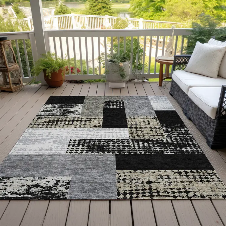 5' X 8' Black Taupe And Ivory Geometric Washable Indoor Outdoor Area Rug