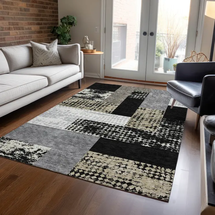5' X 8' Black Taupe And Ivory Geometric Washable Indoor Outdoor Area Rug