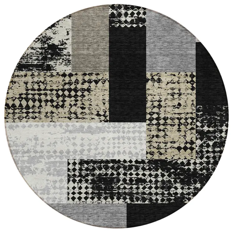 8' Black Taupe And Ivory Round Geometric Washable Indoor Outdoor Area Rug