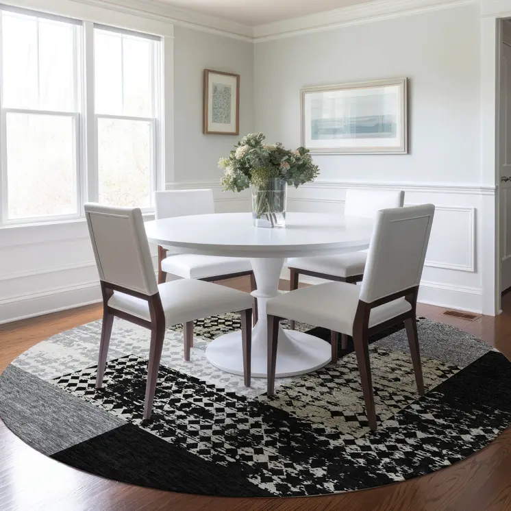 8' Black Taupe And Ivory Round Geometric Washable Indoor Outdoor Area Rug