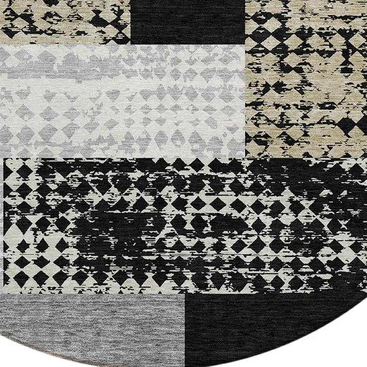 8' Black Taupe And Ivory Round Geometric Washable Indoor Outdoor Area Rug